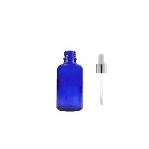 30ml Mavi Cam Damlalıklı Gümüş kapak BeyazEmzik